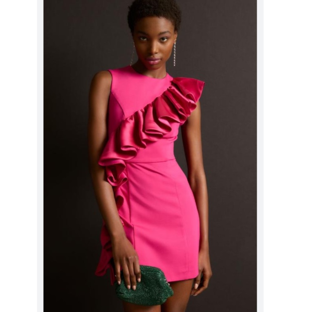 HUTCH SLEEVELESS RUFFLE SHEATH MINI DRESS